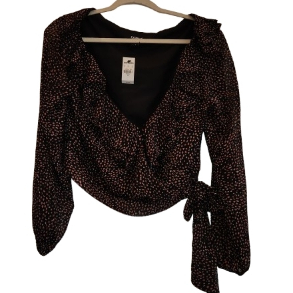 NWT Express Brown/Black/Pink Ruffle Neck Faux Wrap Side Tie Crop Top Size M